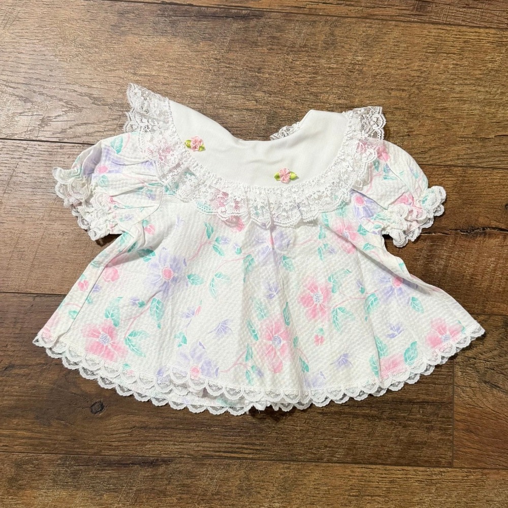 Kidz-Sational Vintage Floral Seersucker‎ Baby Top Lace Trim Pink Purple 1330